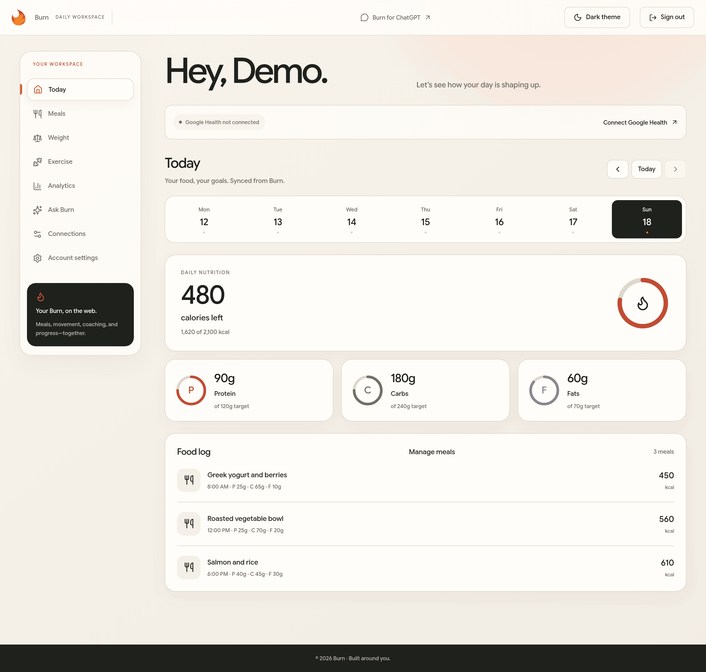 Burn web dashboard in light mode showing daily nutrition, macro goals, meals, and navigation with synthetic demo data